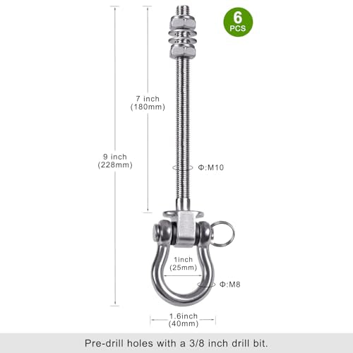 SELEWARE Heavy Duty Swing Hanger with Bearings, 6 Pack Porch Swing Hardware | 304 Stainless Steel, M10 x 9 Inch Bolts, Supports Up to 1500LB, Designed for Wood Beams, Steel Frames and Yoga Hammocks - color: U (9 inch, 6 Pack)