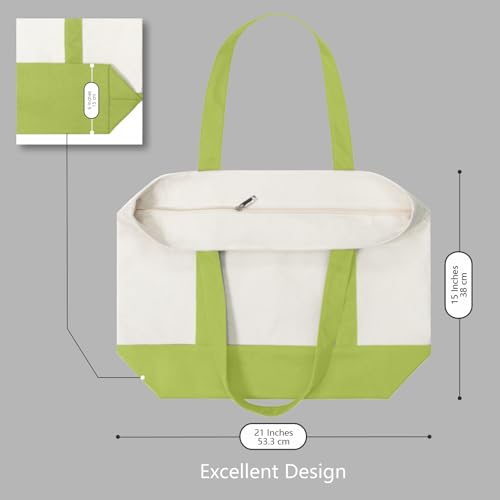 TOPDesign 1-Pack Canvas Tote Bag with an External Pocket, Reusable Grocery Shopping Bag, Top Zipper Closure, Daily Essentials (Light Green/Natural) - color: Light Green/Natural