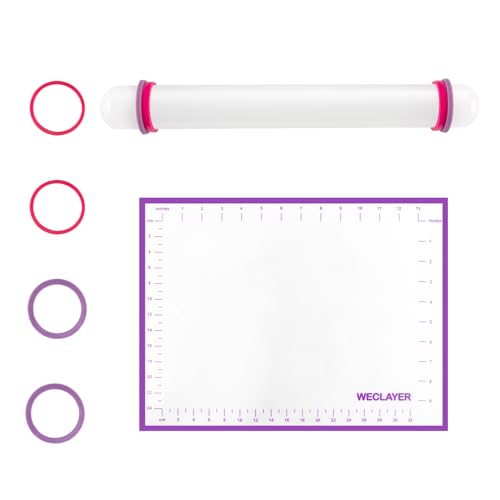 Clay Roller with Thickness Rings and 16" x 12" Silicone Clay Mat with Measurement,Oven-Safe Work Mat with Texture,Reusable Silicone Non-skid Pad,Clay Rolling Pin,Polymer Clay Tools
