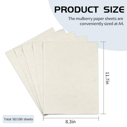 50/100 Sheets FIVEIZERO A4 Mulberry Paper Sheets Natural Fiber Rice Papers,8.3x11.7in Natural Decoupage Tissue Paper for Writing Painting, Decorative &Card Making Papers DIY Craft