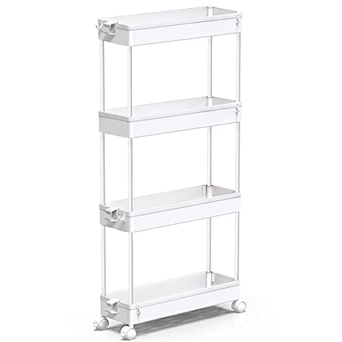 SPACEKEEPER Slim Rolling Storage Cart, 4 Tier Bathroom Cart Organizer,White | Narrow Rolling Cart with Wheels for Kitchen Office Bathroom Laundry Room,Mobile Utility Cart for Craft Art Makeup Nail Polish - color: White