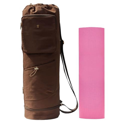 ESVAN Yoga Mat Bag with Multi Pockets Drawstring Yoga Mat Carrier Pilates Exercise Multi-Functional Storage Bag - color: Nylon Coffee