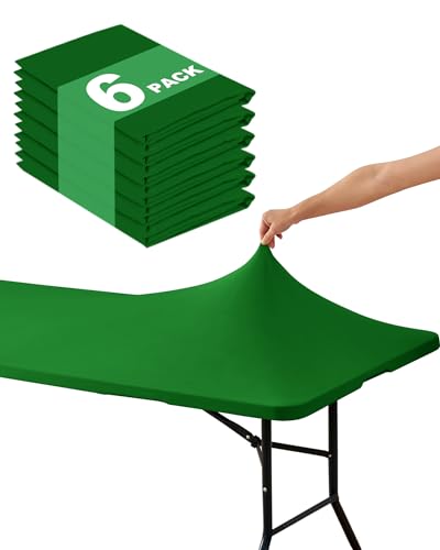 KeyWave Fitted Tablecloth Rectangle Table Cloths - 6 Pack 6 Foot Elastic Stretch Folding Table Top Cover Water-Resistant Reusable for Outdoor Picnic Camping Party Event, Green, 72" L x 30" W - color: Green, size: 6 ft - 6 Pack