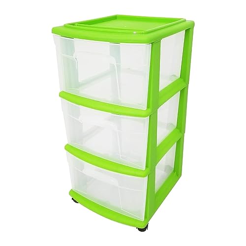 HOMZ Drawer Tower, 3-Tier Storage Cart with Removable Wheels, Bold Lime | Plastic Organizer with Clear Bin Drawers for Bedrooms, Bathrooms, Home Offices, and Dorm Rooms - color: Bold Lime, size: 1 Pack