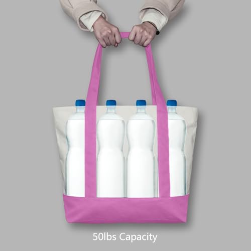 TOPDesign 1-Pack Canvas Tote Bag with an External Pocket, Reusable Grocery Shopping Bag, Top Zipper Closure, Daily Essentials (Light Purple/Natural) - color: Light Purple/Natural