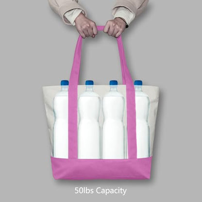 TOPDesign 1-Pack Canvas Tote Bag with an External Pocket, Reusable Grocery Shopping Bag, Top Zipper Closure, Daily Essentials (Light Purple/Natural) - color: Light Purple/Natural