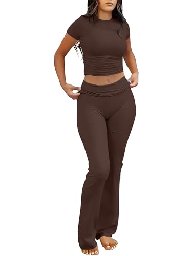 ANRABESS 2 Piece Lounge sets for Women | Crop Top & Foldover Flare Leggings, Yoga Workout Matching Sets, Comfy Stretchy, Trendy Y2k Clothes, Summer Wear Fall Layer - color: Brown, size: XX-Large