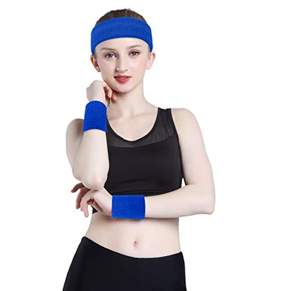 ONUPGO Sweatband Set Sports Headband Wristband Set Sweatbands Terry Cloth Wristband Wrist Sweatband Headbands Moisture Wicking Sweat Absorbing Head Band - color: Dark Blue