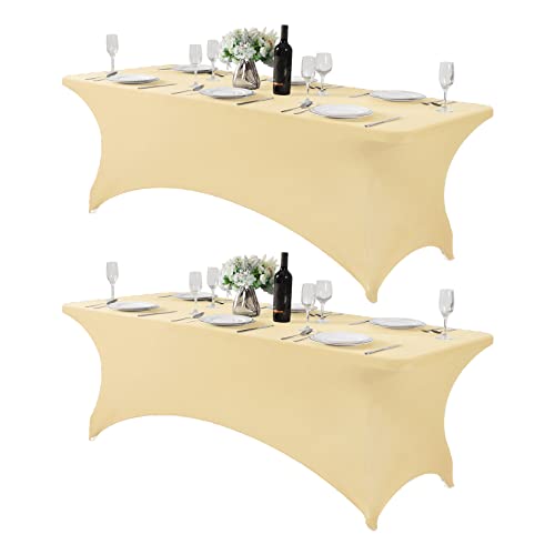 2Pack Spandex Table Cover for 8FT or 4ft or 6ft Table Universal Fitted Stretch Tablecloth for Party, Banquet, Wedding and Events-Champagne - color: Champagne, size: 8 Feet - 2 Pack