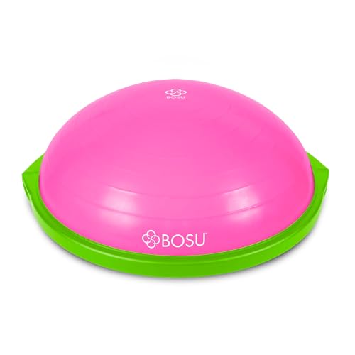 Bosu Balance Ball Exercise Trainer, Home Gym Equipment w/Guided Workouts & Pump, 26" Inflatable Fitness Platform for Strength Training, Standing, Balancing, and Core Workout - color: Pink/Lime Green