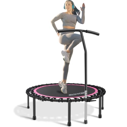Newan 40"-48" Silent Mini Trampoline Fitness Trampoline Bungee Rebounder Jumping Cardio Trainer Workout for Adults-Max Limit 330lbs - color: 48" Round Pink (have Handle)