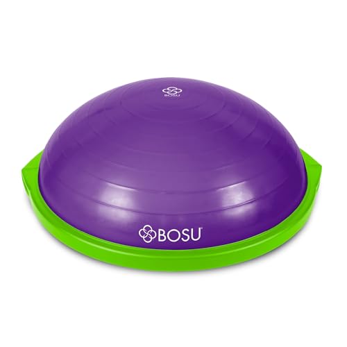 Bosu Balance Ball Exercise Trainer, Home Gym Equipment w/Guided Workouts & Pump, 26" Inflatable Fitness Platform for Strength Training, Standing, Balancing, and Core Workout - color: Purple/Lime Green
