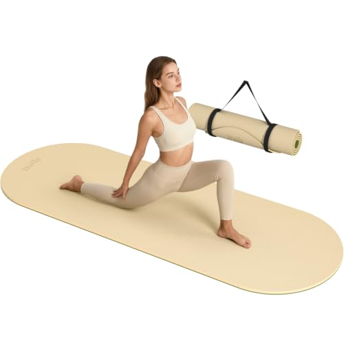 WeiLa Extra Thick Yoga Mat (10mm), Large TPE Workout Mat 74"x28" with Strap - color: Cream & Matcha Green