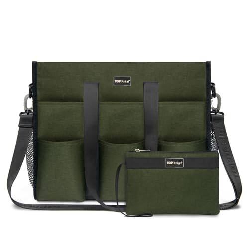 TOPDesign Utility Water Resistant Tote Bag with 22 Pockets, Top Zipper Closure & Thick Bottom Support, for Working Women - color: Green, size: Medium