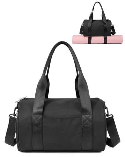 Small Gym Bag for Women, 11L Mini Duffle Bag with Shoe Compartment, Wet Pocket & Yoga Mat Holder, Lightweight Carry On Sport Bag for Gym, Yoga, Dance & Overnight Trips - Black - color: Black