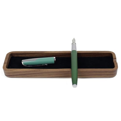 Solid Walnut Wooden Fountain Pen Tray Office Desk Display Holder Organizer | Side Pen Rest Notch, Anti-Roll Design, Soft Velvet Lining, Scratch Protection, Quick-Rest Slot