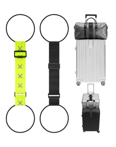 Adjustable Add A Bag Luggage Connector Straps for Suitcases, 2 Pack | Attach backpack to suitcase, thicker elastic loops, Hands-Free airport travel accessories, adjustable length from 11" to 30" - color: Neon Green + Black