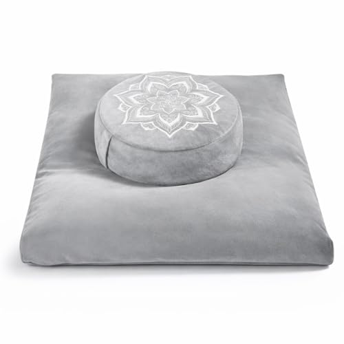 Meditation Zafu Cushion Set with Buckwheat Hulls & Memory Foam - Ergonomic Support for Yoga & Sitting - Removable Machine-Washable Luxury Velvet Cover - for Adults and Kids (Grey) - color: Grey