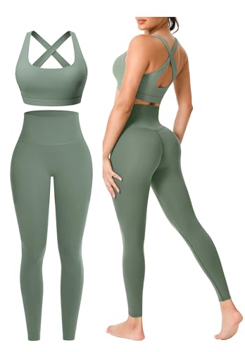 Workout Sets for Women 2 Pieces Seamless Yoga Legging Removable Bra Padding - color: Avocado, size: XX-Large