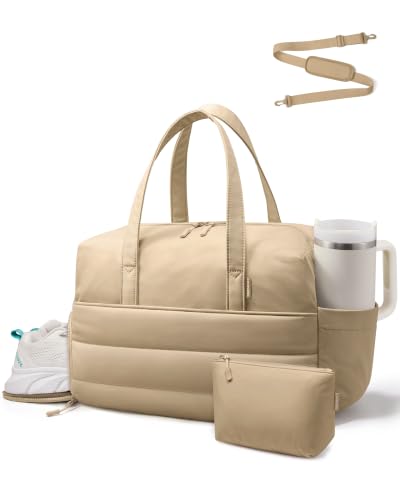 LOVEVOOK Small Gym Bag for Women with Tumbler Holder & Shoe Compartment - color: Khaki, size: Small-17"