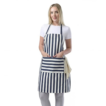 TOSHEX Kitchen Apron Cotton Waterdrop Resistant Adjustable Button Women Men | Premium Cotton Cooking Apron with Pocket. Striped, Gift, Navy Blue - color: Navy Blue