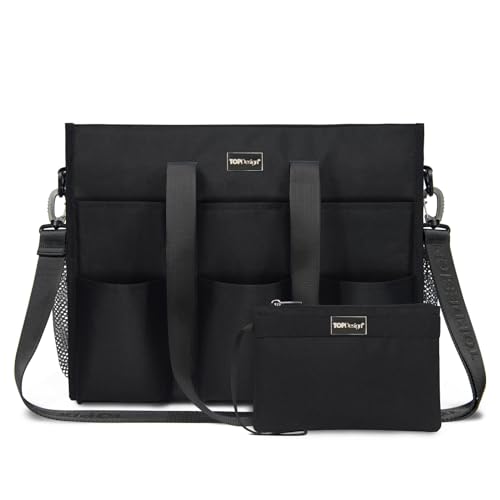 TOPDesign Utility Water Resistant Tote Bag with 22 Pockets, Top Zipper Closure & Thick Bottom Support, for Working Women - color: Black, size: Medium