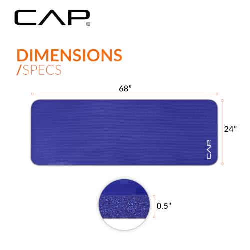 CAP 1/2" Thick Yoga Mat, Exercise & Workout Mat with Strap, Blue | Latex-free NBR foam cushions knees and joints for Pilates, stretching, core training, floor exercises and home fitness.