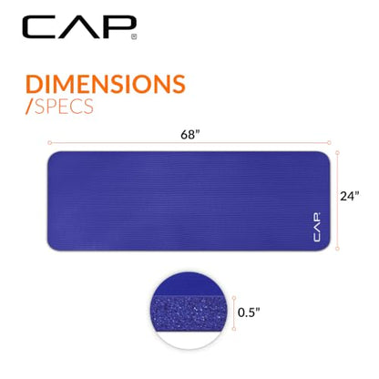 CAP 1/2" Thick Yoga Mat, Exercise & Workout Mat with Strap, Blue | Latex-free NBR foam cushions knees and joints for Pilates, stretching, core training, floor exercises and home fitness.