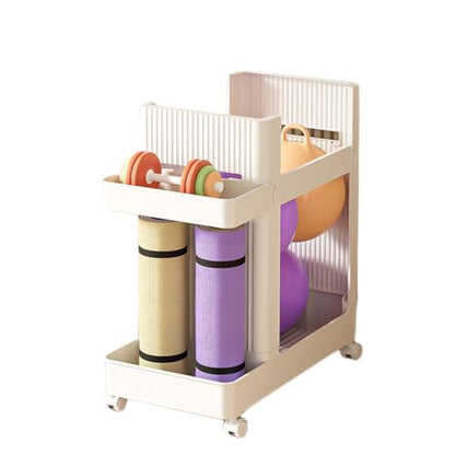 Yoga Mat Storage Basket Large Capacity Fitness Equipment Storage Rack with Wheels Sports Equipment Trolley Basket Fitness Equipment Sports Tools Organizer (White)
