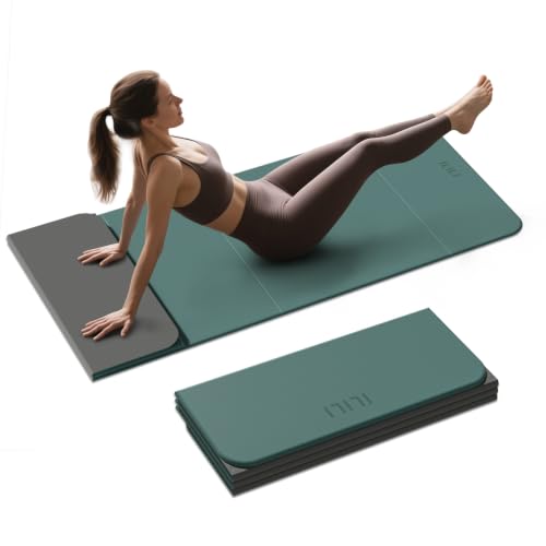 ILILI Foldable Yoga Mat 10mm, Extra Thick, Extra Long, 75x26x0.4 Inch, TPE | Non-Slip Grip, Easy Carry&Storage, Comfort Cushion, SGS Safe, Suitable for Yoga, Pilates, Home Exercise&Outdoor Travel - color: Dark Green+Dark Gray