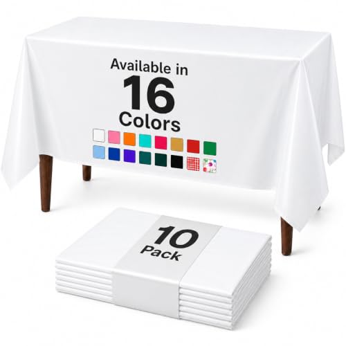Auros 10-Pack Plastic Tablecloths, 54x108 Inch Disposable Table Covers, 8FT | Rectangle Waterproof & Throw Away Table Cloth, Easy Cleanup for Party, Wedding, Graduation, Picnic, Fits 6-8ft Tables, White - color: Pure White, size: 54" X 108" Rectangle