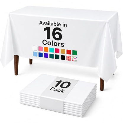 Auros 10-Pack Plastic Tablecloths, 54x108 Inch Disposable Table Covers, 8FT | Rectangle Waterproof & Throw Away Table Cloth, Easy Cleanup for Party, Wedding, Graduation, Picnic, Fits 6-8ft Tables, White - color: Pure White, size: 54" X 108" Rectangle