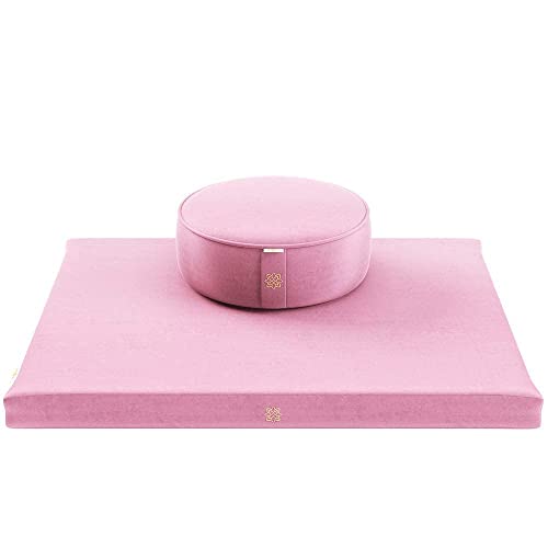 Mindful Modern Meditation Cushion and Zabuton Mat Bundle - Premium Luxury Velvet Zafu Floor Pillow and Rectangular Mat - Blush Pink Color