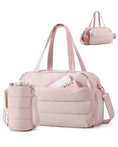BAGSMART 2 Set Gym Bag for Women, Yoga Bag with Water Bottle Holder | For yoga travel sports dance, 25L pilates bag, overnight duffle bag - color: Blush, style: Puffer Crossbody
