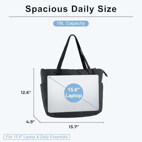 U+U Puffer Tote Bag for Women, Quilted Work Tote with Compartments | Work-to-Travel Design with Yoga Mat Strap - color: Black