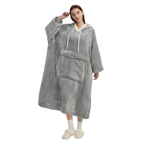 Qeils Wearable Blanket Hoodie for Women, Comfy Sherpa Sweatshirt Blanket as Birthday Christmas Gifts, Oversized Pullover Jacket Blanket Hoodie for Adult (Light Grey, Oversized) - color: Light Grey, size: Oversized