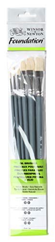 Winsor & Newton Foundation Oil Hog Brush Set, Long Handle, 6 Pack | Natural Hog Bristles Ideal for Use with Oil Paint, Introductory Selection of Brushes for Students, Hobbyists, Beginners - size: Round 3 & 6, Filbert 3 & 6, Flat 10 & 14 (Long)