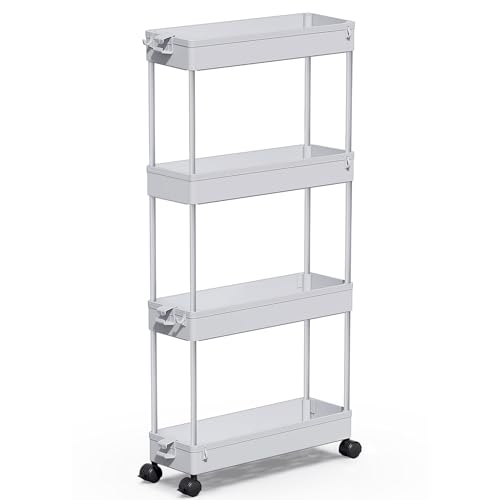 SPACEKEEPER Slim Rolling Storage Cart 4 Tier Bathroom Organizer Mobile Shelving Unit Storage Rolling Utility Cart Tower Rack for Kitchen Bathroom Laundry Narrow Places, Gray | Narrow Rolling Cart with Wheels for Kitchen Office Bathroom Laundry Room,Mobile