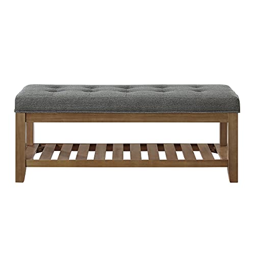 24KF Large Rectangular Upholstered Tufted Linen Fabric Ottoman Bench, Padded Bench with Solid Wood Shelf-Granite - color: Granite-bench, size: 15.8"D x 44"W x 18"H
