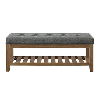 24KF Large Rectangular Upholstered Tufted Linen Fabric Ottoman Bench, Padded Bench with Solid Wood Shelf-Granite - color: Granite-bench, size: 15.8"D x 44"W x 18"H
