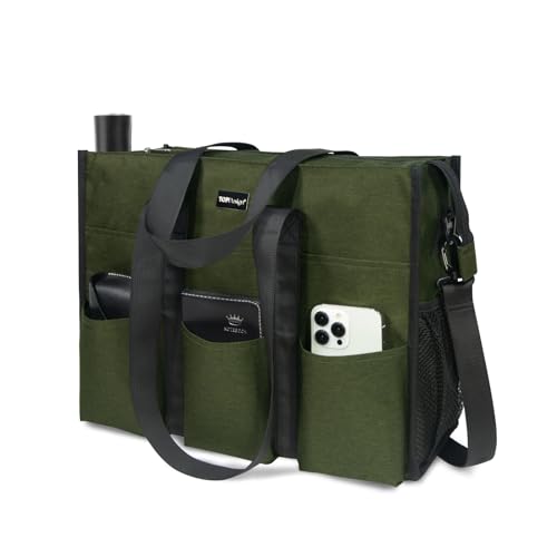 TOPDesign Utility Water Resistant Tote Bag with 22 Pockets, Top Zipper Closure & Thick Bottom Support, for Working Women - color: Green, size: Medium