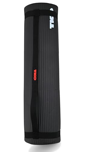 TKO Extra Thick Exercise Yoga Mat with Carrying Strap | Premium High-Density Padding for Joint Support during Yoga, Pilates & Floor Workouts | Durable and Portable - Black