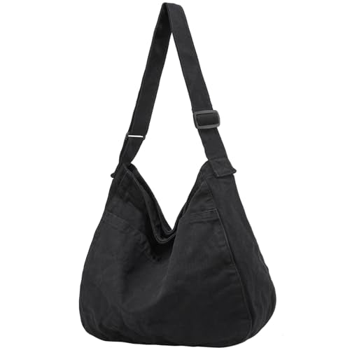 Canvas Tote Bag Casual Hobo Crossbody Shoulder Bag for Women and Men Large Purse Messenger Bag Travel Work - color: 0-black