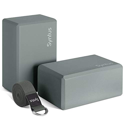 Syntus Yoga Block & Strap Set for Fitness, Pilates, Stretching and Toning | Natural Cork, EVA, 9×6×4 in, Eco-Friendly, Strong Support, Easy to Grip, Anti-Slip, Yoga, Pilates, Stretching Use - color: Grey