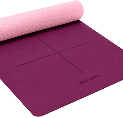 Heathyoga Yoga Mat Non Slip TPE Pilates Exercise Mats for Home Workout Gym Fitness Eco Friendly Thick Hot Yoga Mat with Strap Body Alignment,72"x 26" Thickness 1/4" - color: Deep Purple
