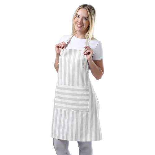 TOSHEX Kitchen Apron Cotton Waterdrop Resistant Adjustable Button Women Men | Premium Cotton Cooking Apron with Pocket. Striped, Gift, Gray - color: Gray