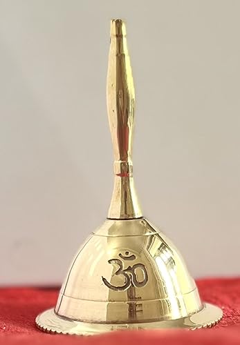 Indian Consigners Hand Bell Loud Brass Call Bells 3 Inches Altar Pendulam Use (Om Gold) - color: Om Gold