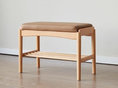 Oak Wood Shoe Bench, 32 Inch Entryway Bench with Brown Leather Cushion - color: Natural + Brown Leather Cushion, size: 31.49"