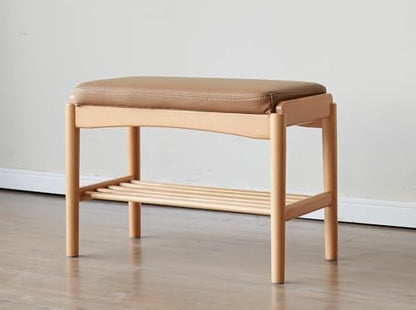 Oak Wood Shoe Bench, 32 Inch Entryway Bench with Brown Leather Cushion - color: Natural + Brown Leather Cushion, size: 31.49"