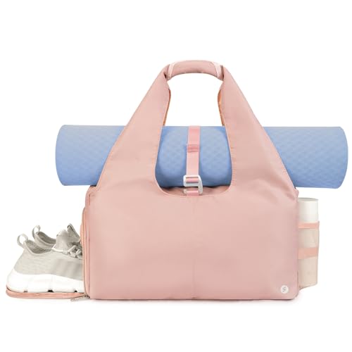 Sportsnew Tote Yoga Mat Gym Bag 20L Women W/Shoe Compartment Wet Dry Pocket | Water-Resistant Gym Tote - Mat Strap, Ventilated Shoe Bin, Wet Pocket, Padded Handle, Multi Pockets, Side Mesh & Key Clip - color: Pink